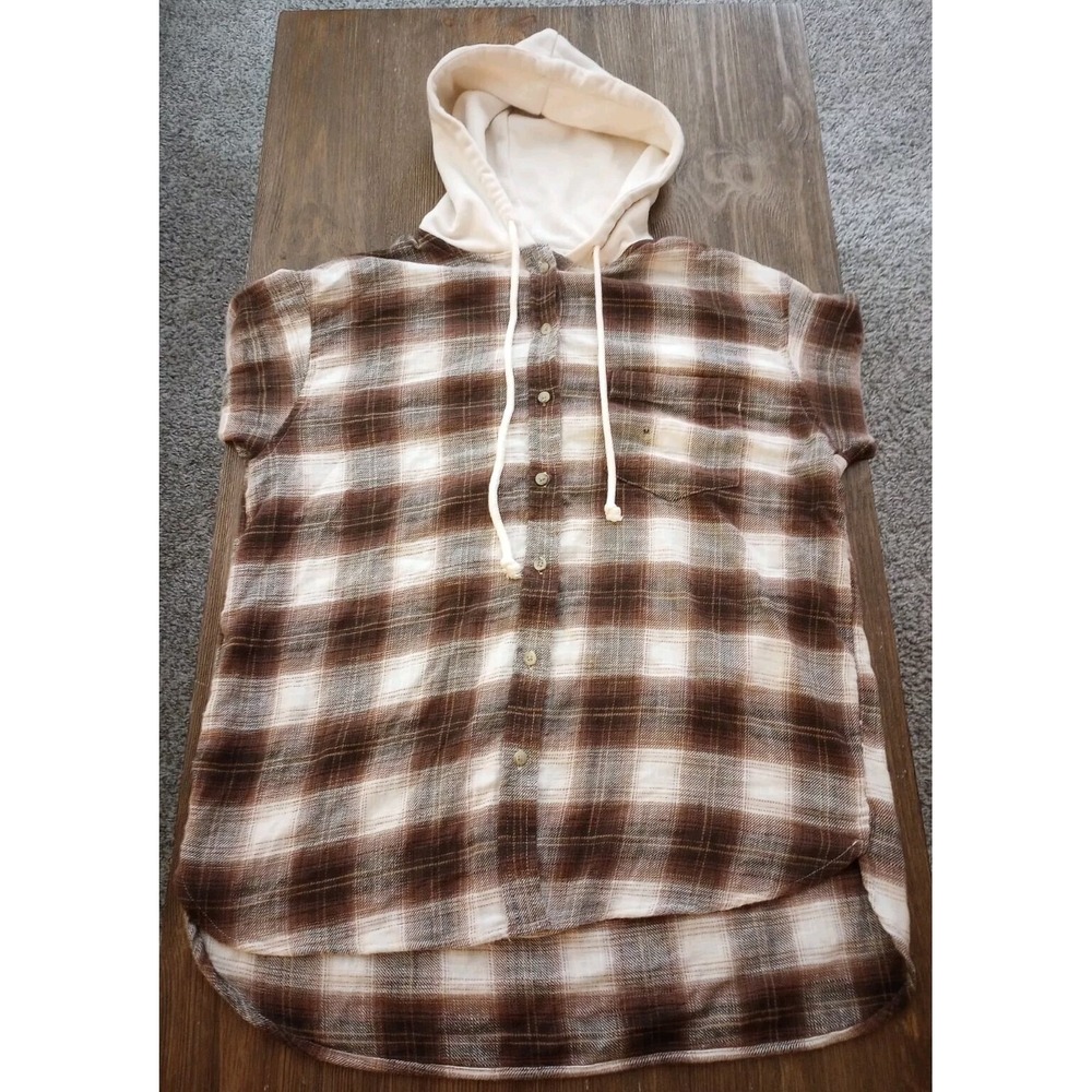 AE Oversized Hoodie Woven Button Up Flannel Brown Plaid Women's Size Med NWT $55